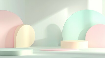 Poster - Pastel colors empty display podiums are showing soft shadows in studio lighting with a minimalist design for product presentation