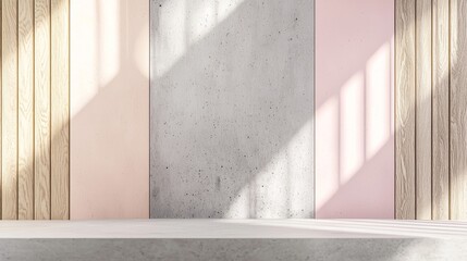 Poster - Empty concrete shelf on pink and wooden wall background with window shadow overlay creating a modern and minimalist backdrop for product placement
