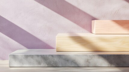 Poster - Sunlight is illuminating empty wooden and marble showcase podiums on pink pastel background creating a beautiful and elegant display for products