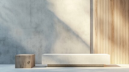 Poster - Minimalist interior design featuring a long concrete podium, a wooden cube, and a wooden wall, bathed in sunlight creating shadows, ideal for product placement