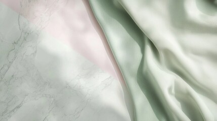 Poster - Flowing pastel green fabric elegantly draped across a marble background, creating a luxurious and textured visual with soft folds and delicate shadows