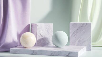 Pastel-colored curtains frame a marble podium showcasing two spheres, creating a serene and elegant display with soft lighting