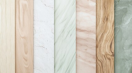 Poster - Wood grain, marble veins, and textured stone surfaces combine in a vertical arrangement, creating a diverse palette of natural materials for modern interior design