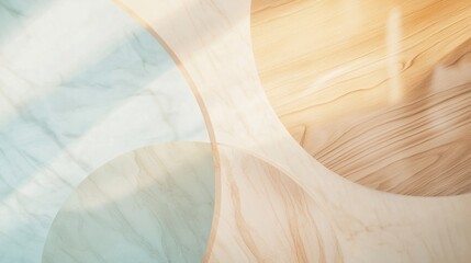 Poster - Sunlight filtering through overlapping circles of marble and wood creates a beautiful abstract composition, showcasing natural textures and warm, inviting tones