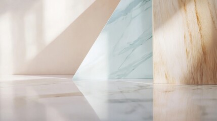 Poster - Bright sunlight illuminating marble and wood surfaces in modern interior design, creating an elegant and minimalist atmosphere