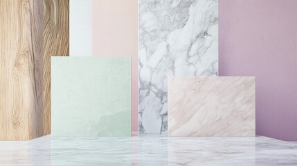 Poster - Geometric composition with pastel colored marble and wooden textures creating an abstract and minimalist background ideal for product placement