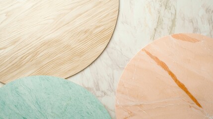 Poster - Modern design composition featuring round wooden, pink marble, and green marble surfaces arranged on a white marble background, creating an abstract and stylish visual