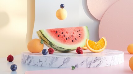 Poster - Vibrant 3d rendering of summer fruits on a marble podium with pastel shapes in the background
