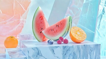 Poster - Slices of watermelon, orange, raspberries, and blueberries on marble blocks with pastel sheets, creating a colorful, refreshing display