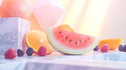Poster - Vibrant arrangement of summer fruits including watermelon, orange, grapefruit, cantaloupe, raspberries, and blackberries sits on a marble surface, creating a colorful and refreshing scene