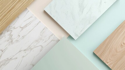 Poster - Geometric composition showcasing various materials like marble, wood, and pastel-colored surfaces, creating a modern and minimalist aesthetic