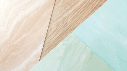 Poster - Beige and turquoise marble surfaces are creating a geometric composition with a wooden board, offering a modern and elegant backdrop