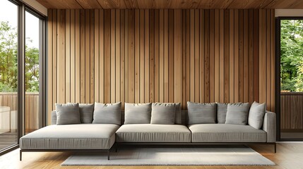 Stylish living room interior with gray sofa, wood panel wall, and windows