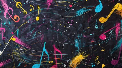 Poster - A chalkboard showcases lively brushstrokes intertwined with musical notes, capturing the essence of creativity in a learning environment. Generative AI