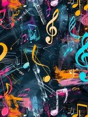Aufkleber - The vibrant chalkboard displays a mix of colorful brushstrokes and musical notes, creating an engaging and artistic atmosphere. Generative AI