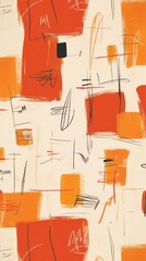 Poster - Abstract geometric pattern with red, orange and black shapes on a cream background.