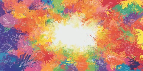 Wall Mural - a vibrant abstract painting with colorful splatter paint and white scribbles surrounding a bright wh
