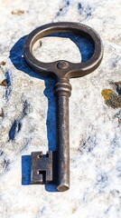 Poster - A weathered, antique key with an ornate design lies on a rough, light-colored stone surface.