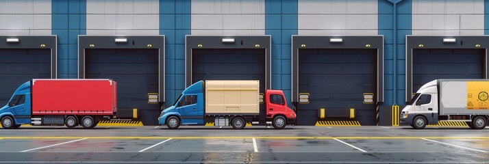 Fototapete - Several trucks and vans are parked in a designated loading area at a warehouse, ready for efficient goods transfer. Generative AI