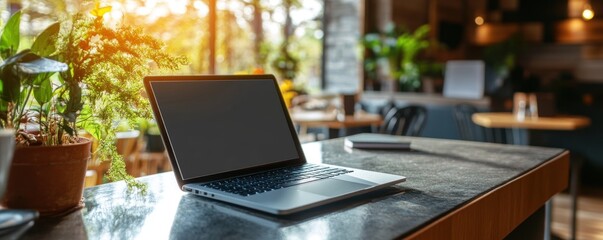 Wall Mural - A laptop with a blank screen sits on a table in a cafe with plants in the background.