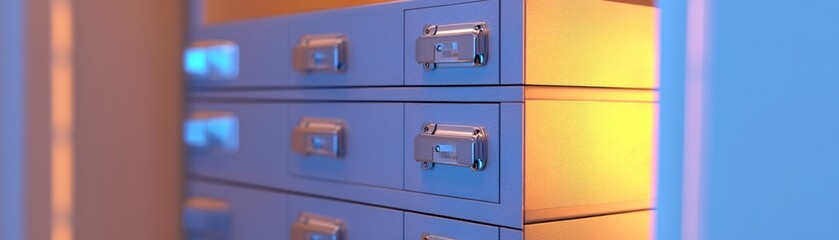 Wall Mural - Close-up of a set of drawers with silver handles.  The drawers are a soft blue, with a warm yellow glow to the right.