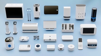 Poster - A collection of various white electronic devices and gadgets on a light blue background.