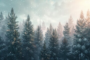 Leinwandbilder - Amidst the towering pine trees, fresh snowflakes cascade down in a tranquil forest, creating a peaceful winter atmosphere. Generative AI