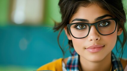 A vibrant photo of a young lady in glasses, engrossed in her book, relaxing comfortably on a chair with split legs.