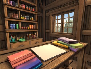 Wall Mural - A rustic wooden desk with art supplies and a blank sketchbook in a cabin with a window overlooking a forest.