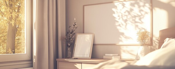 Poster - Minimalist bedroom with a large window, a bed with white linens, and a large blank picture frame on the wall, sunlight casting shadows on the wall.