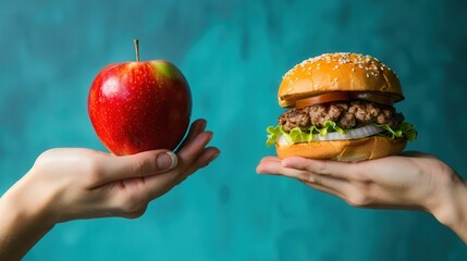 Poster - One hand showcases a vibrant apple, while the other displays a hamburger, illustrating the contrast between healthy and unhealthy food options. Generative AI