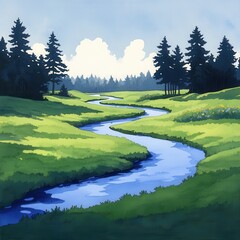 Wall Mural - Serene River Winding Through Green Meadow.