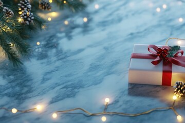 Merry Christmas with mistletoe and gift box icon with xmas tree and glowing light string and pine cone decoration on marble table and blue