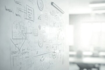 Canvas Print - A whiteboard in an office with a flowchart diagram drawn in black marker, with a blurred background of a conference room, showing a team working on a project or idea.