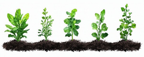 Poster - Five Watercolor Green Plants Growing in Soil.