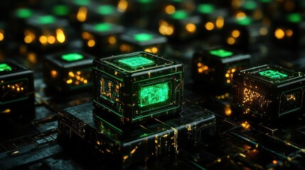 Wall Mural - Abstract futuristic background with glowing green cubes on a black circuit board.