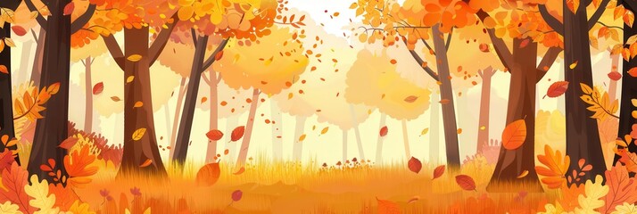 Poster - A tranquil forest filled with golden trees and bright fall leaves creating a captivating autumn atmosphere as leaves gently fall. Generative AI