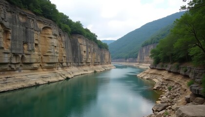 Sticker -  Natural beauty  A serene river nestled between towering cliffs