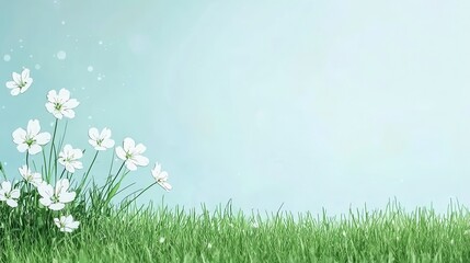 Poster - White Flowers in Green Grass with a Blue Sky Background.