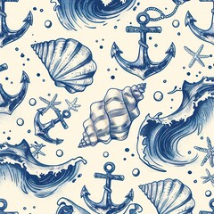 Poster - Nautical patterns showcase a variety of shells, anchors, and waves, creating a cohesive marine-inspired design in blue tones. Generative AI
