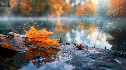 Wall Mural - a spider on a rock with a spiderweb and autumn leaves