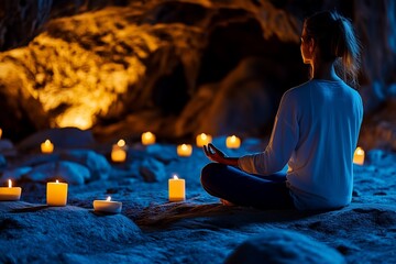 A serene setting with a person meditating amidst glowing candles in a dimly lit cave, creating a tranquil and mystical atmosphere.