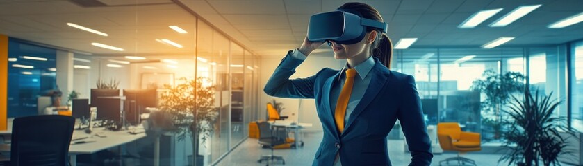 Canvas Print - Businesswoman wearing VR headset in office.