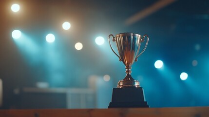 A shiny trophy on a wooden surface with blurred lights in the background.