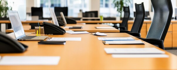 Canvas Print - Empty office desks with laptops, phones, and documents.