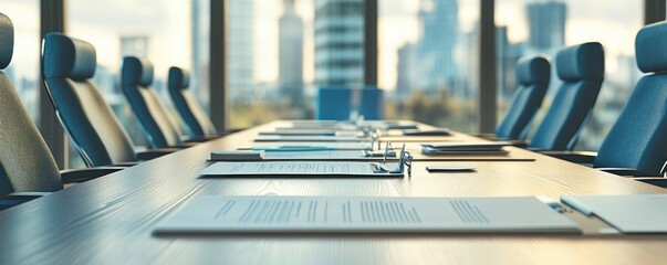 Wall Mural - Empty conference room table with documents, pens and a blurry city view outside a window.