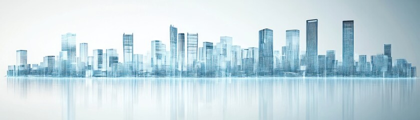 Canvas Print - Blue and white city skyline reflected on water.