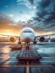 Aufkleber - A cargo airplane is positioned on the runway, surrounded by loading equipment as the sun sets in the background. Generative AI