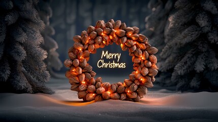 A glowing Christmas wreath made of pine cones sits in a snowy clearing with two snow-covered trees on either side.