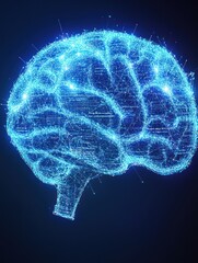 Poster - A digital rendering of a human brain composed of glowing blue lines and dots against a dark blue background.